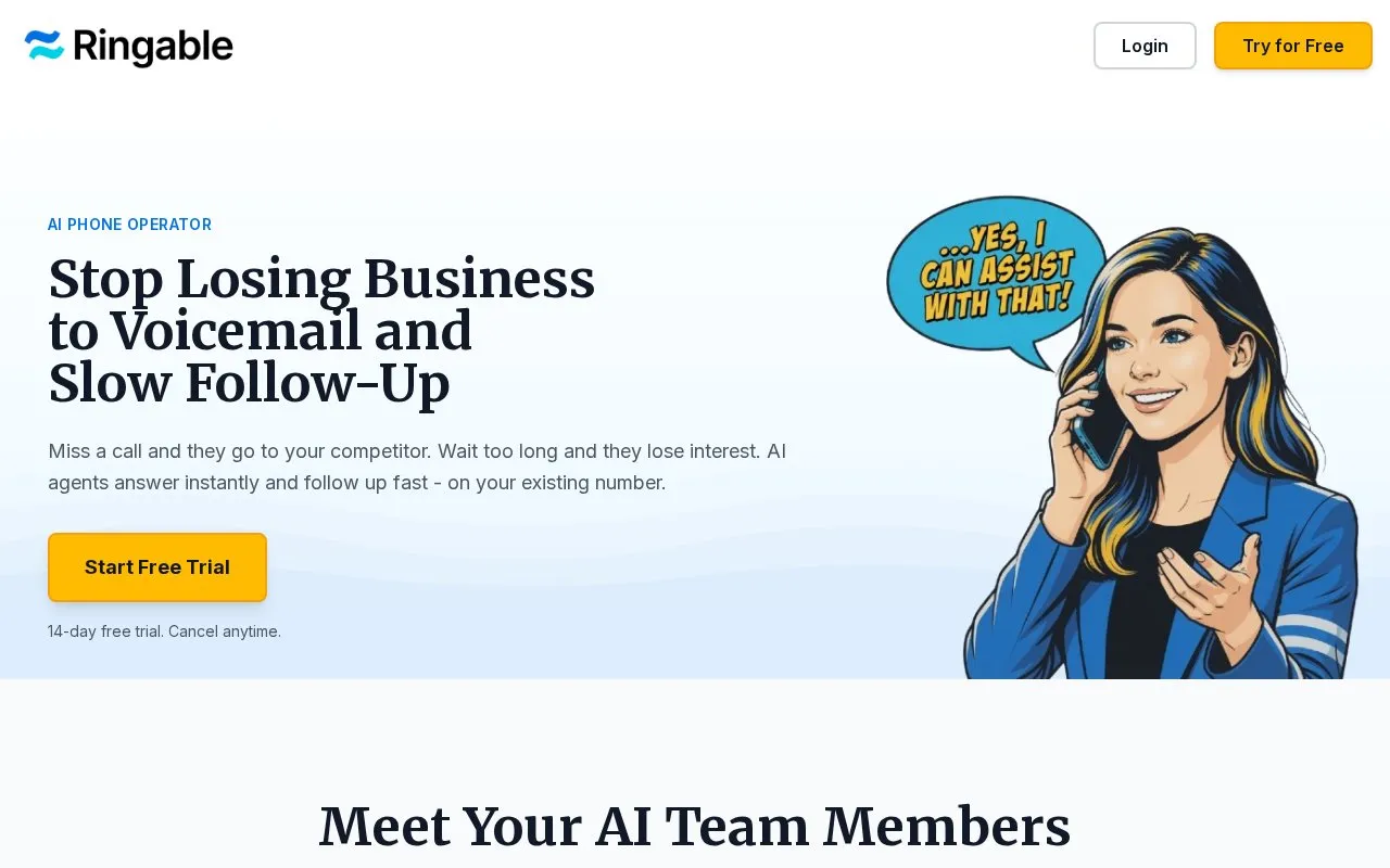 Ringable AI homepage screenshot