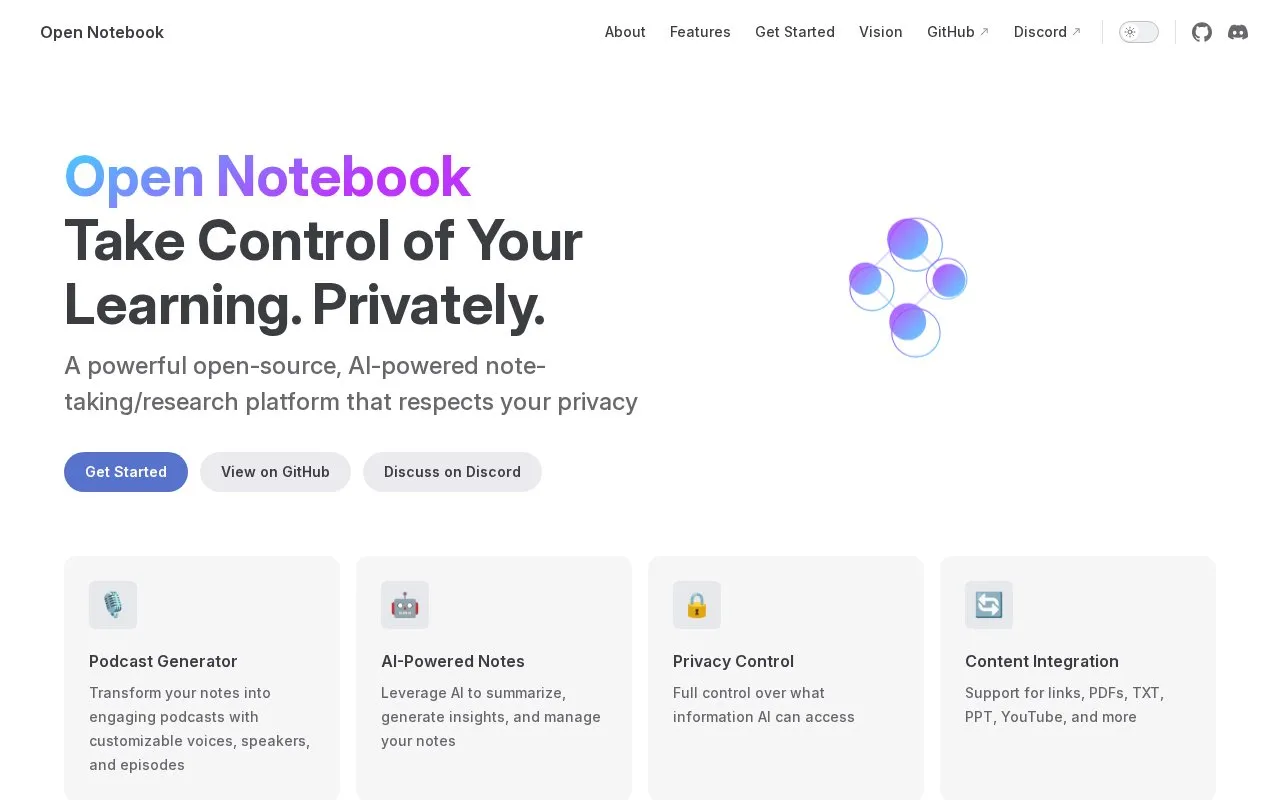 Open Notebook homepage screenshot