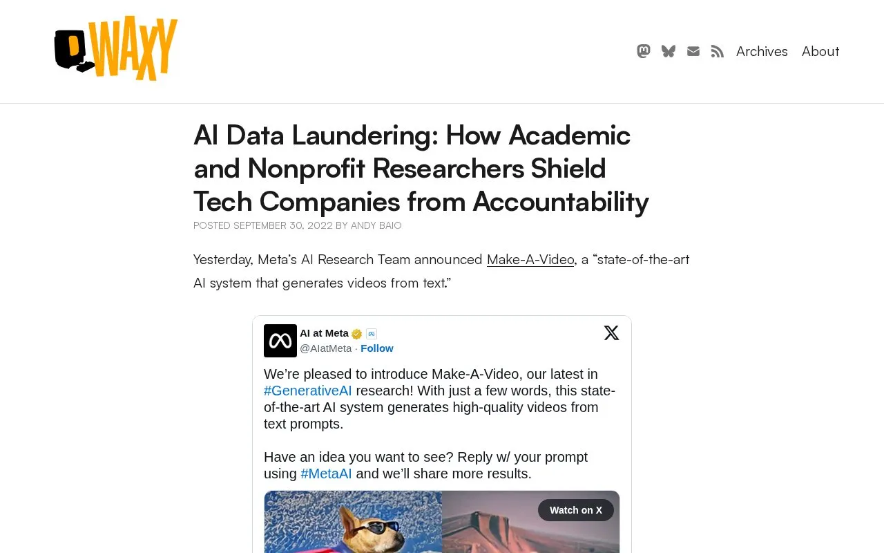 AI Data Laundering - Waxy.org homepage screenshot