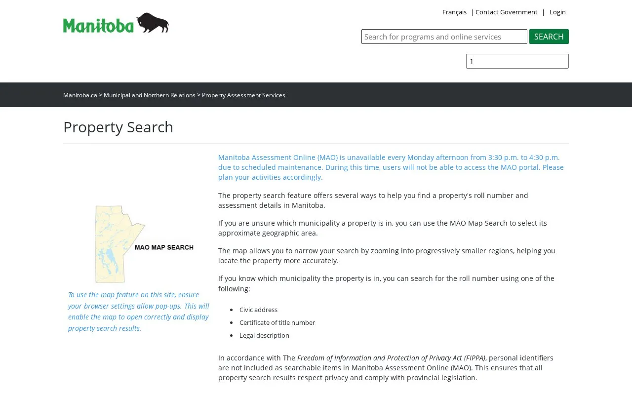 Manitoba Assessment Online homepage screenshot