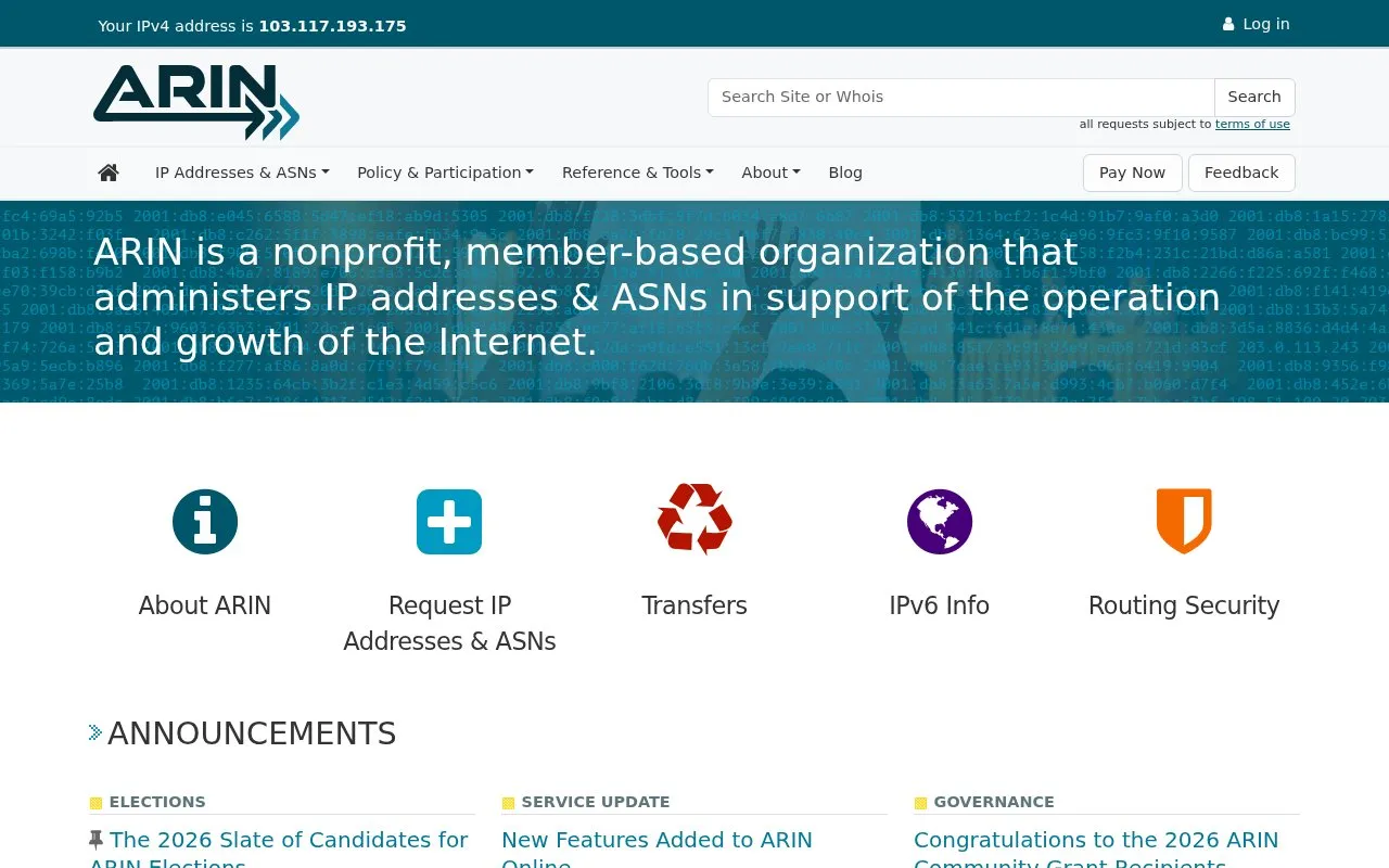 arin homepage screenshot