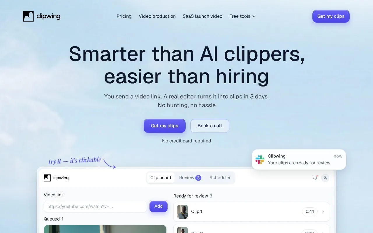 Clipwing homepage screenshot