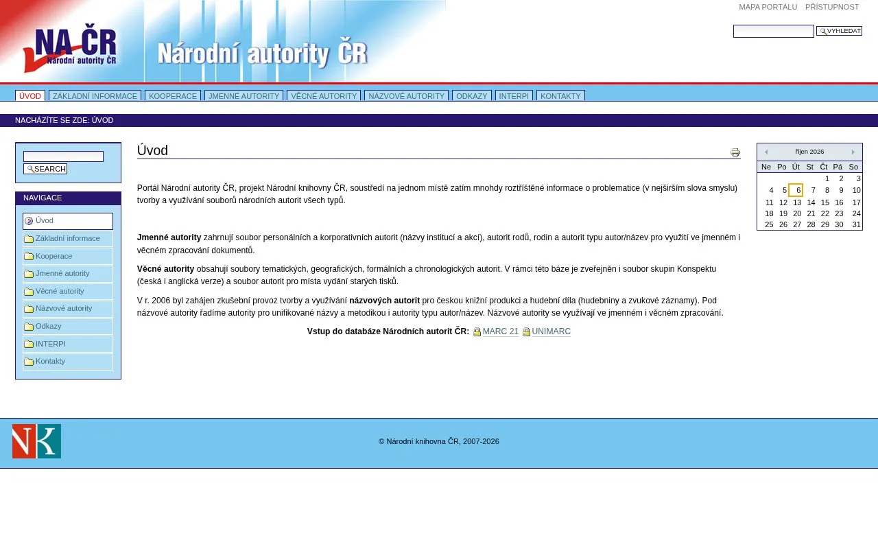 Czech National Authority Database homepage screenshot