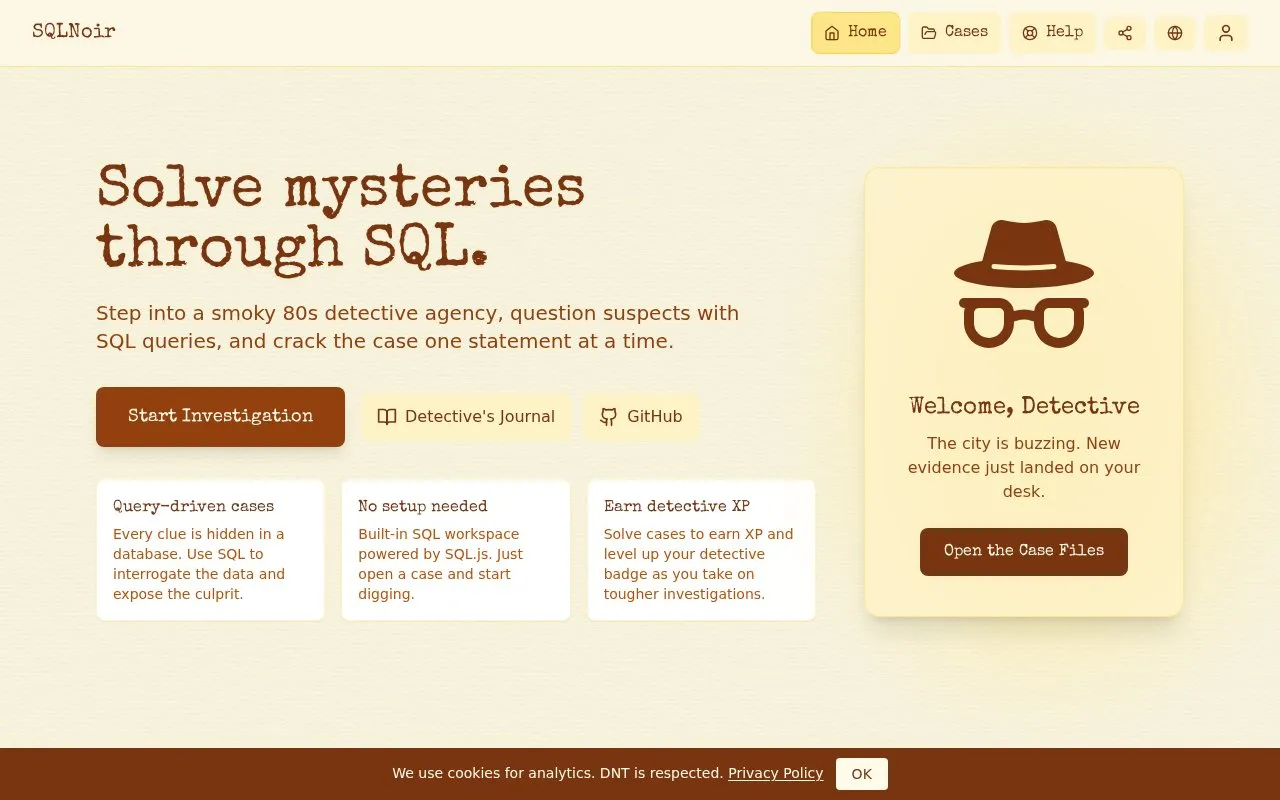 SQL Noir homepage screenshot