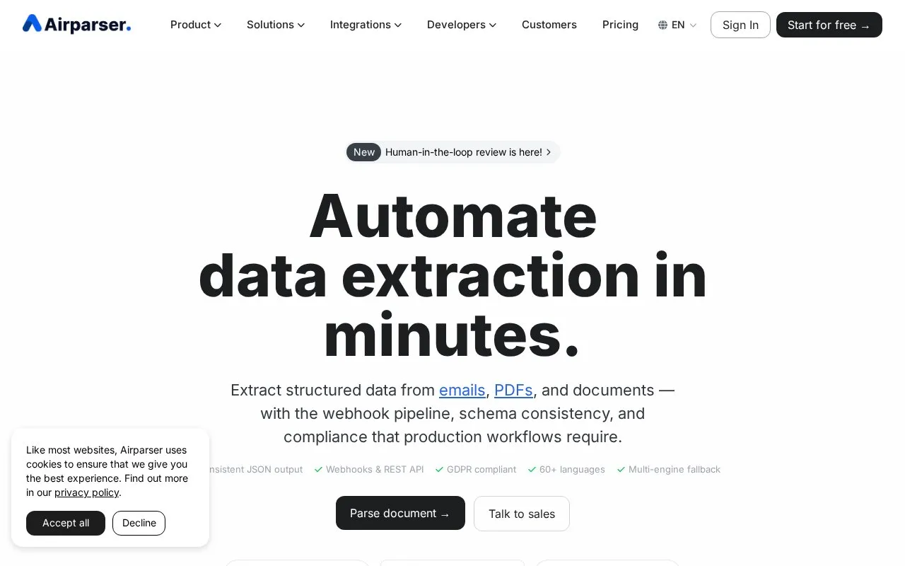 Airparser homepage screenshot