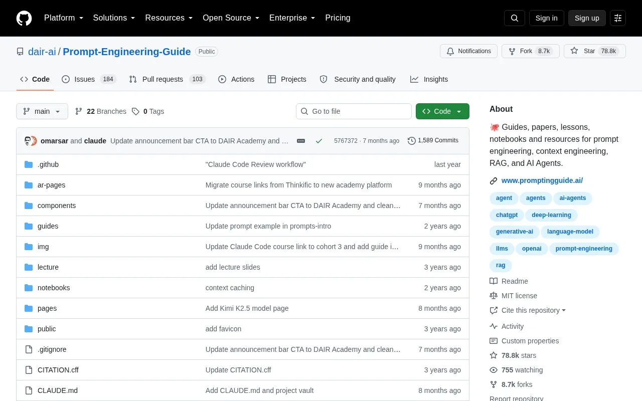 Prompt Engineering Guide homepage screenshot