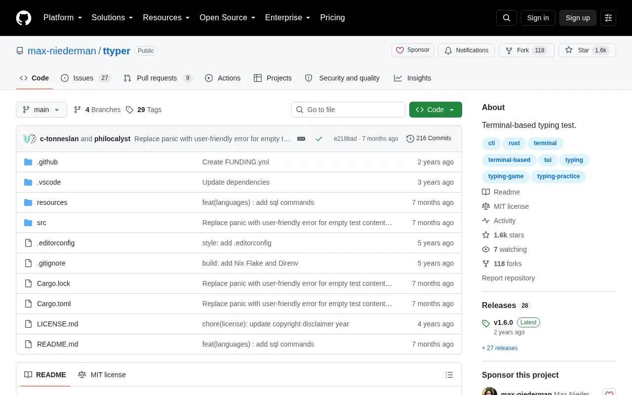 ttyper homepage screenshot