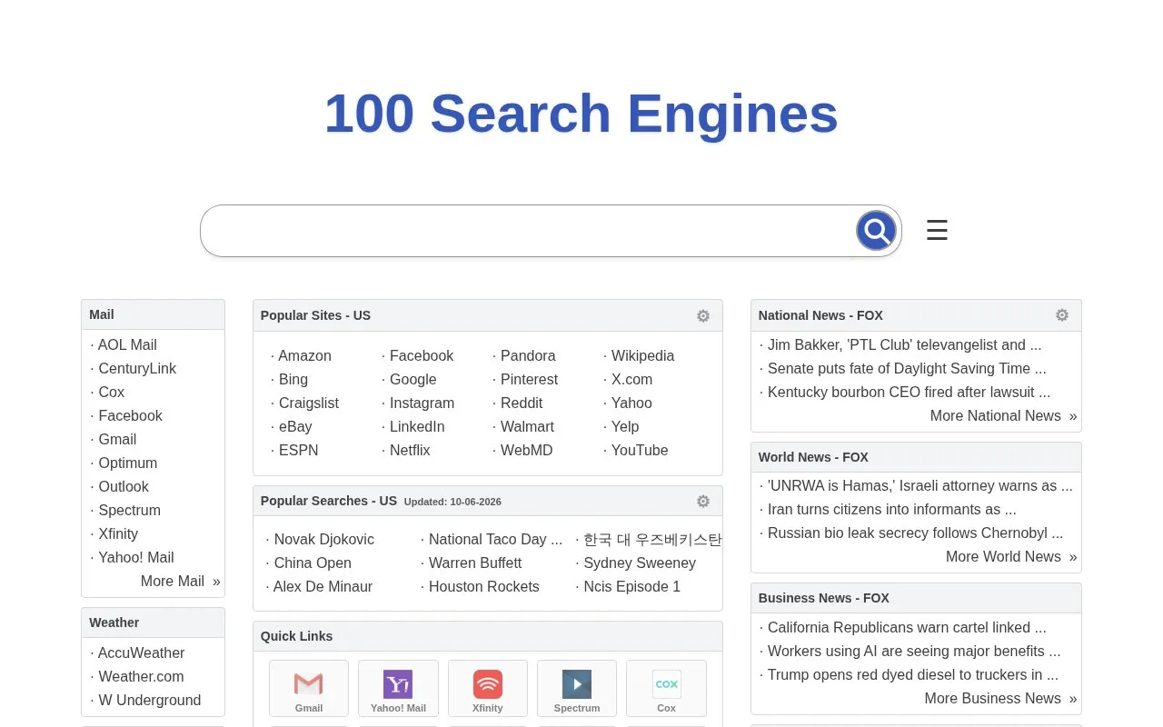 100 Search Engines homepage screenshot