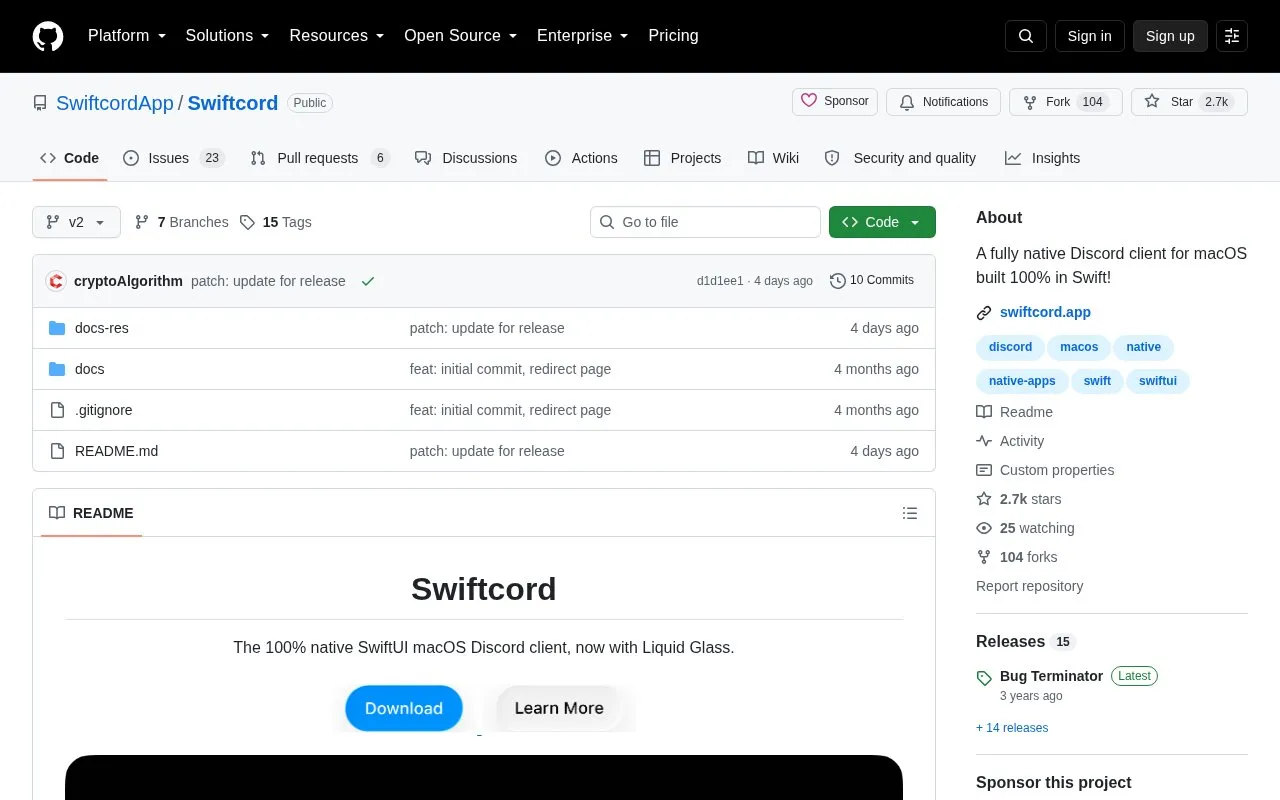 Swiftcord homepage screenshot