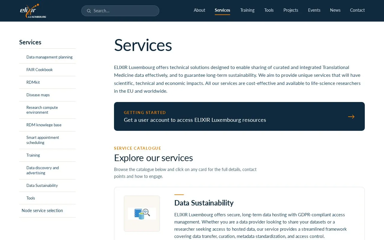 ELIXIR Luxembourg Data Sustainability Service homepage screenshot