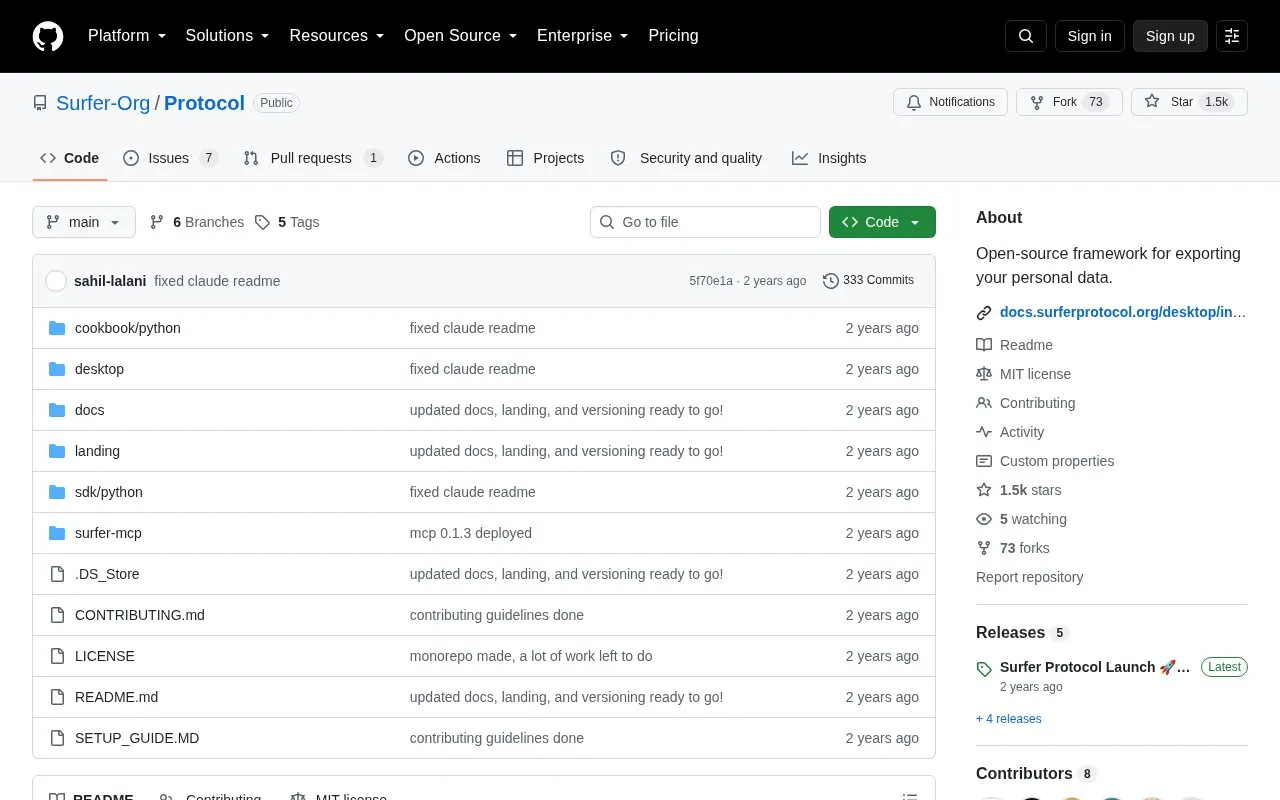Surfer Protocol homepage screenshot