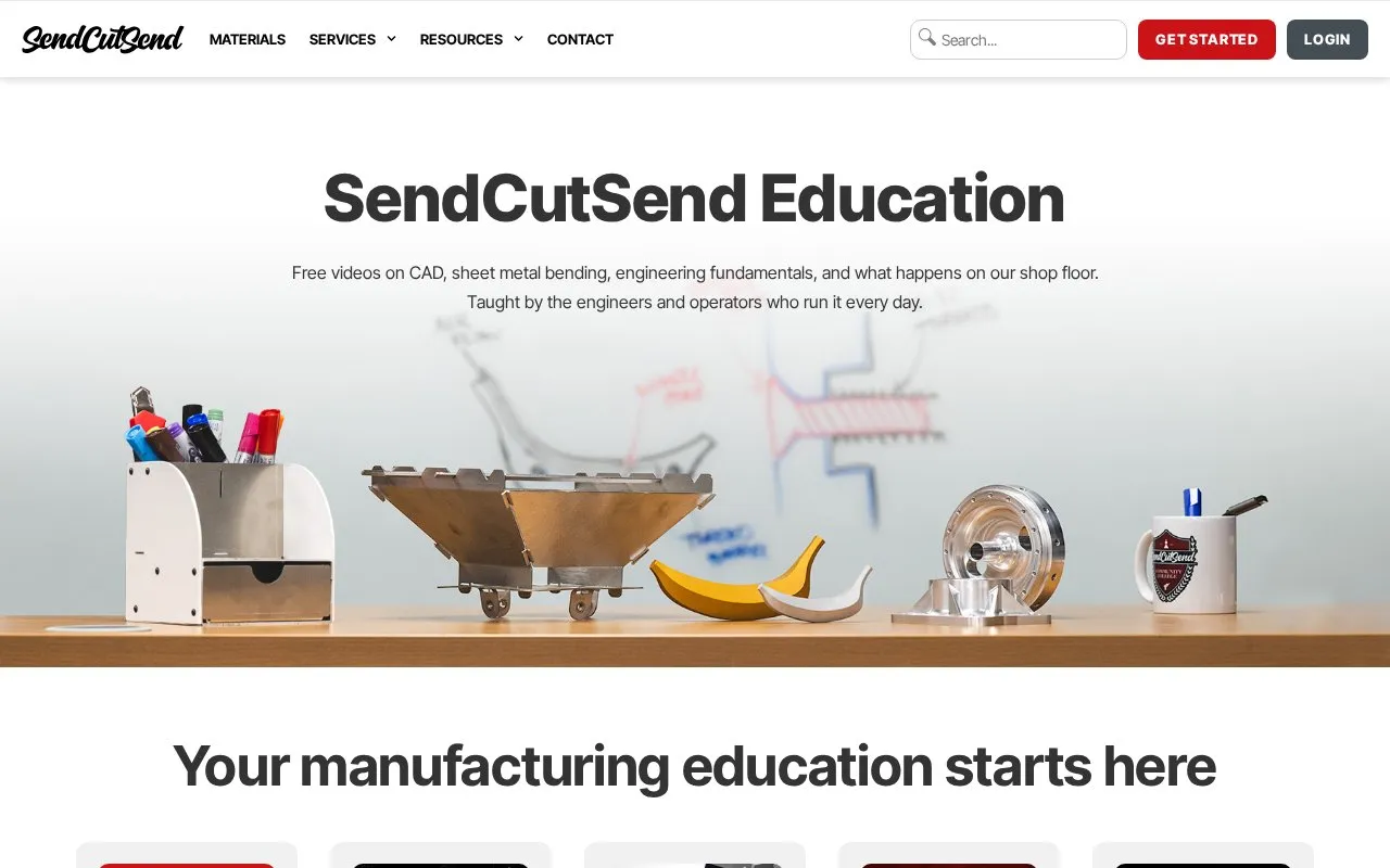 SendCutSend Education homepage screenshot