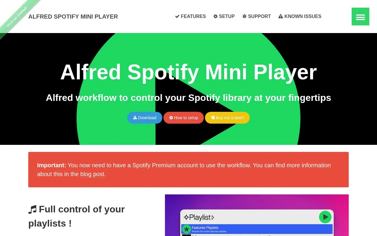 Alfred Spotify Mini Player homepage screenshot