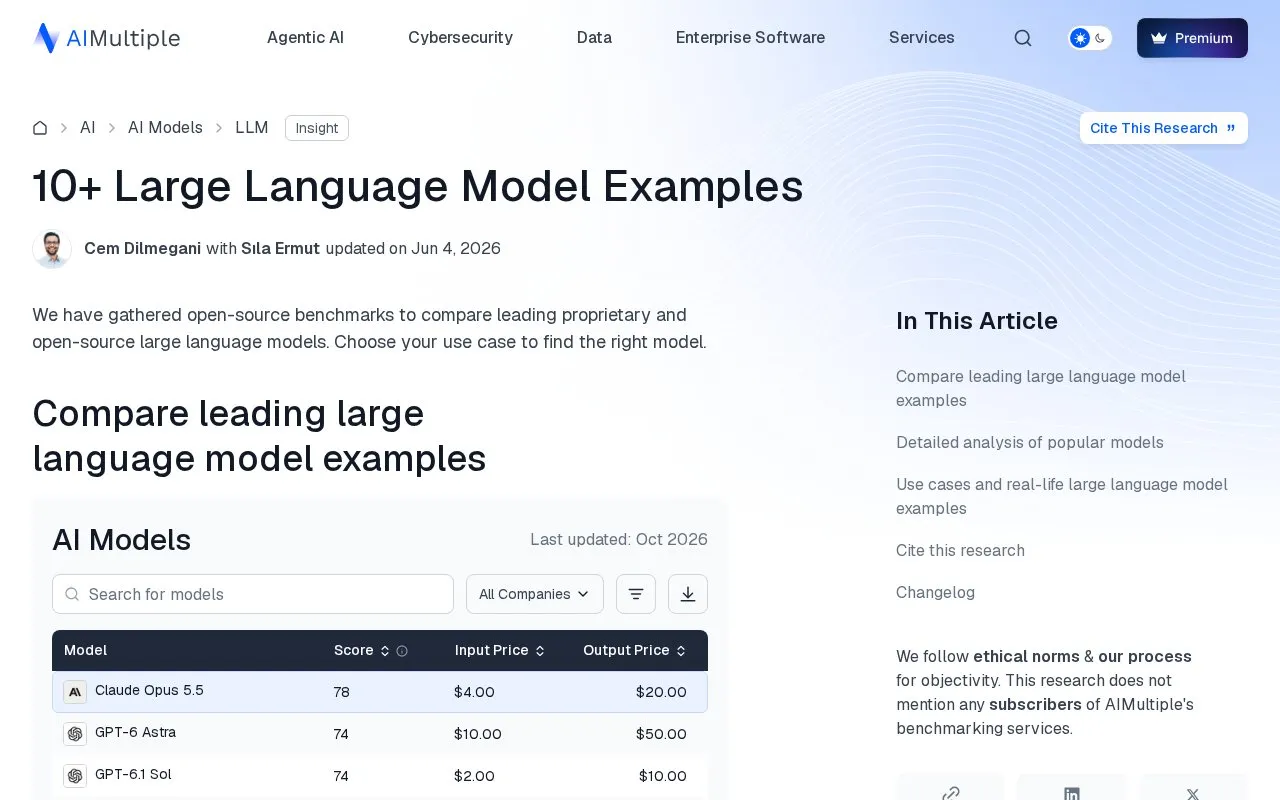 10+ Large Language Model Examples homepage screenshot
