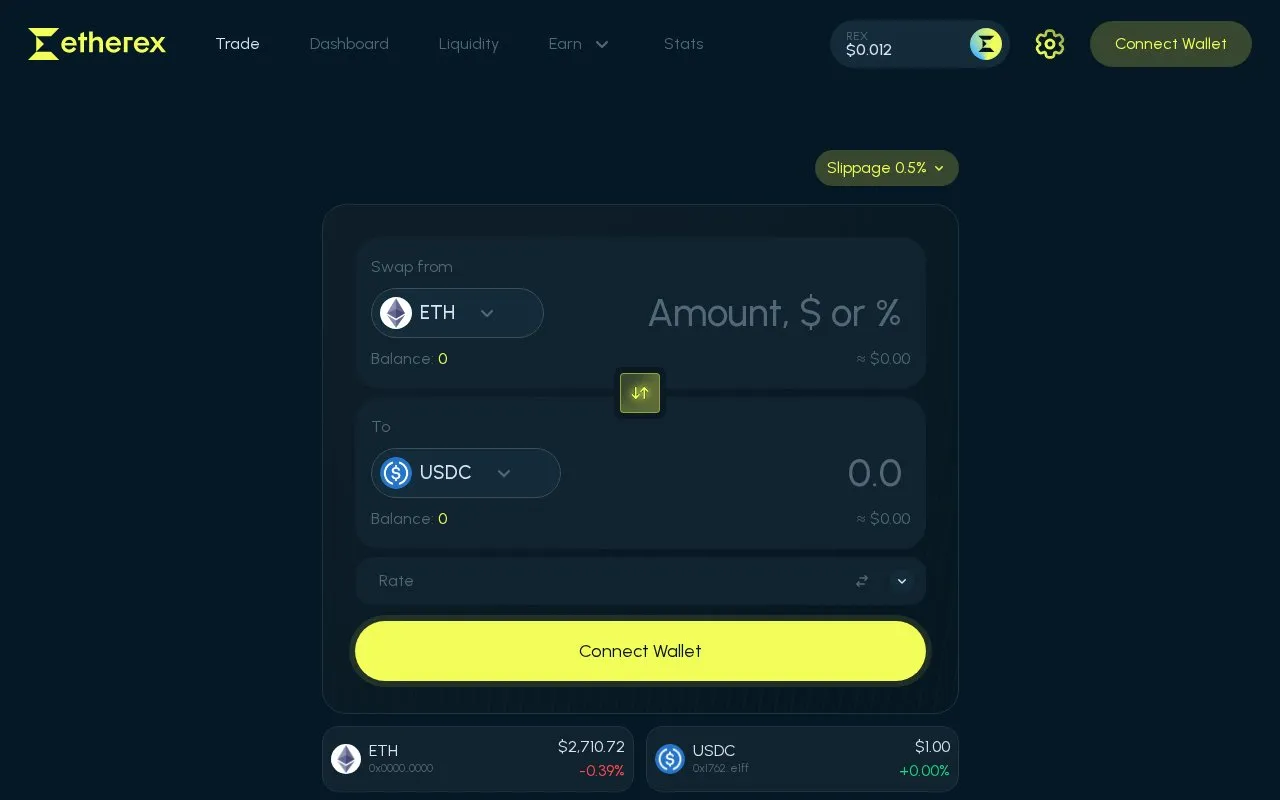 Etherex CL homepage screenshot