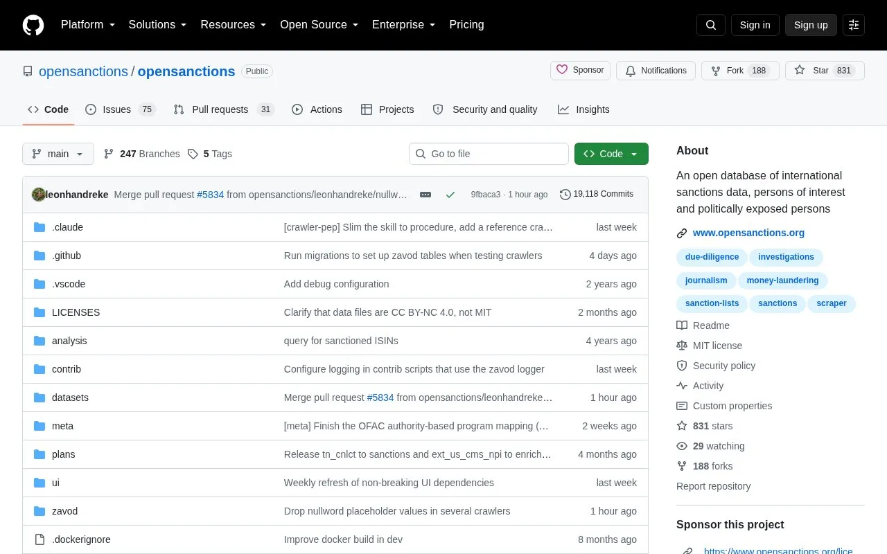 Opensanctions homepage screenshot