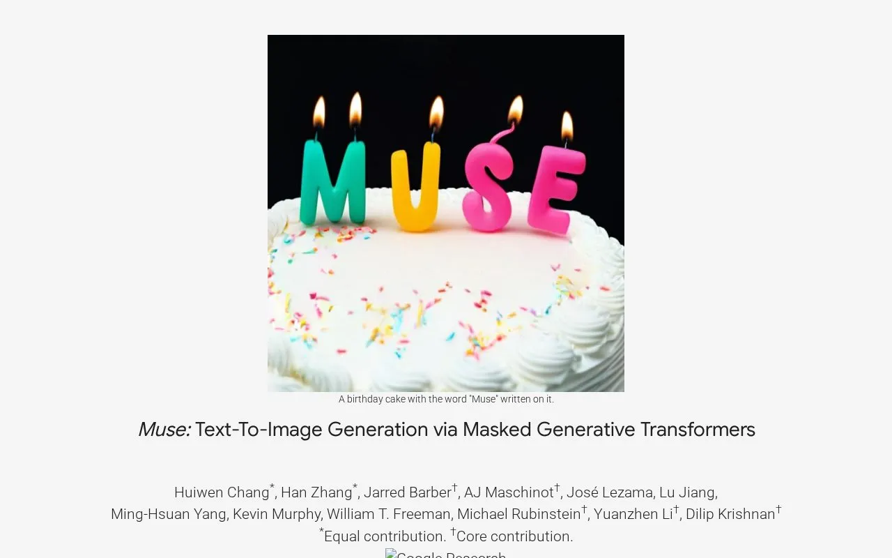 Muse: Text-To-Image Generation via Masked Generative Transformers homepage screenshot