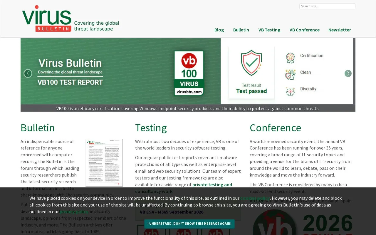 Virus Bulletin homepage screenshot