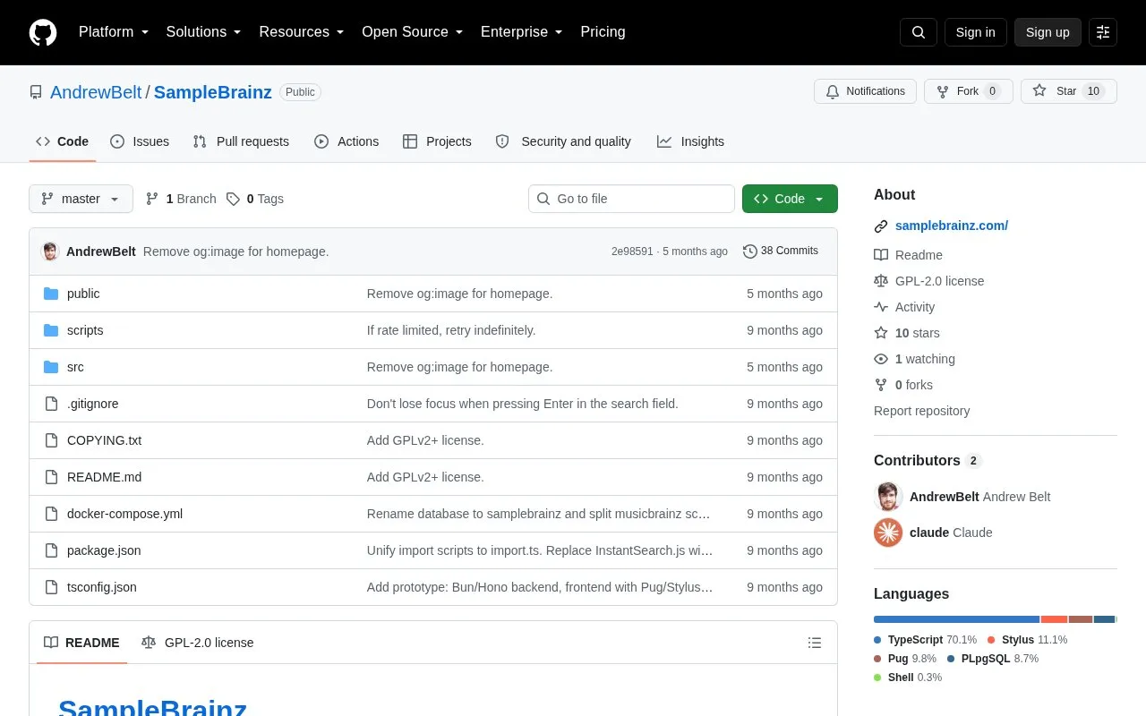 SampleBrainz homepage screenshot