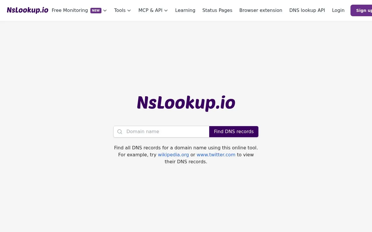 NSLookup homepage screenshot