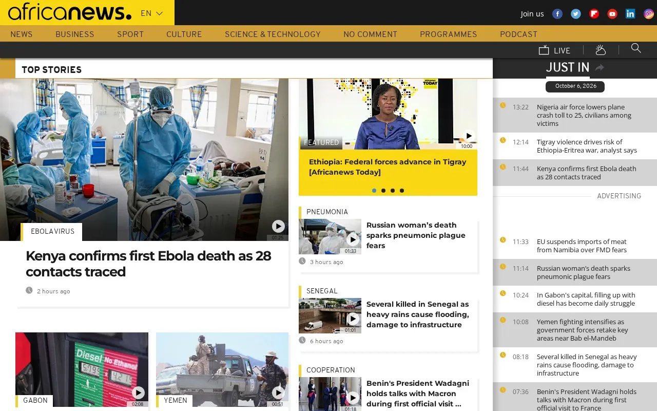 Africanews homepage screenshot
