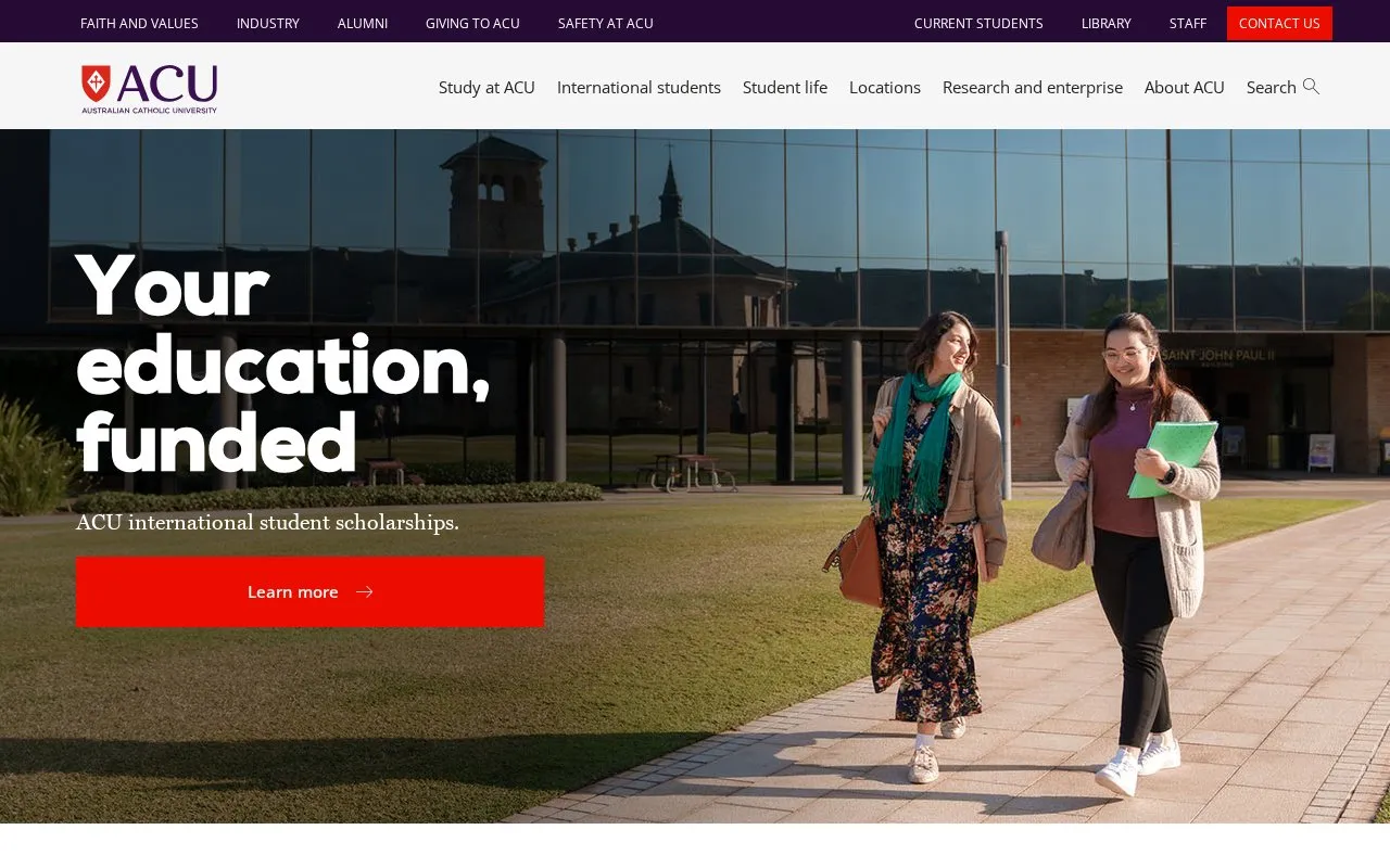 Australian Catholic University homepage screenshot