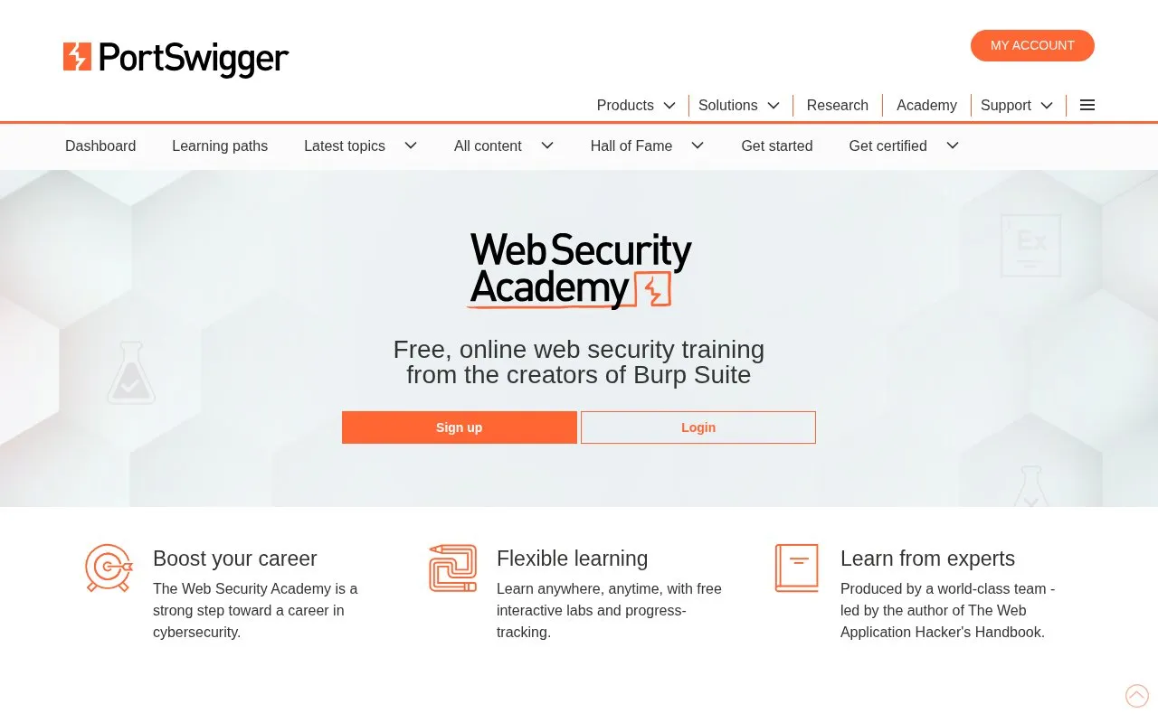 PortSwigger Academy homepage screenshot