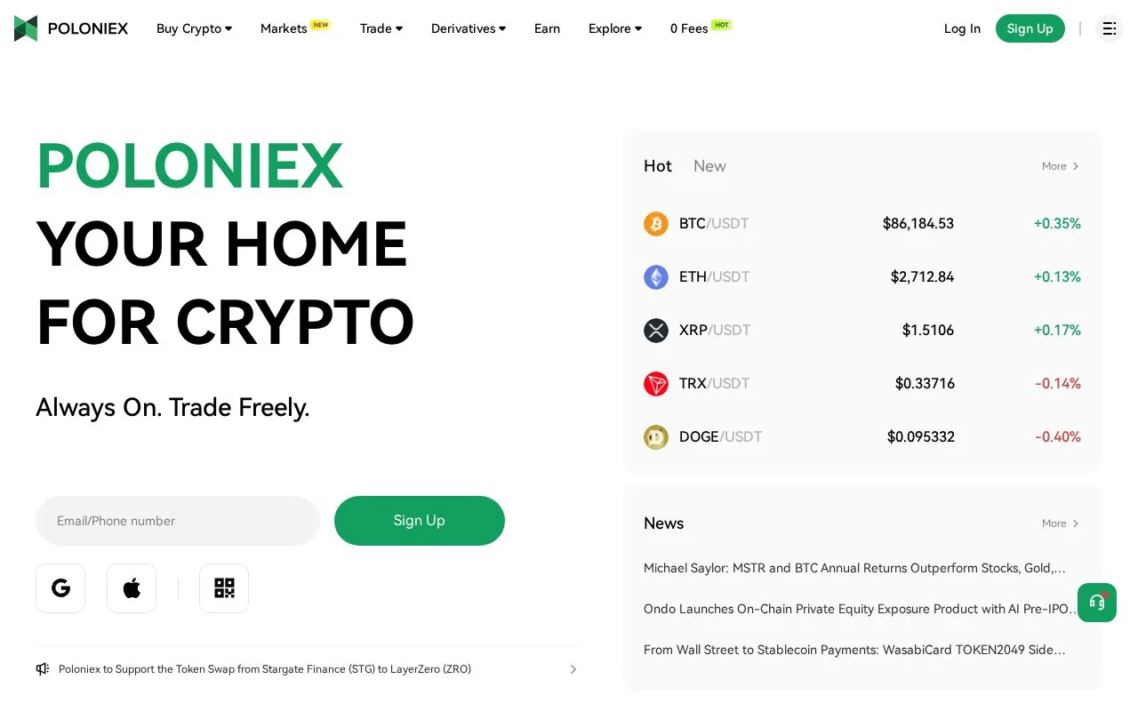 Poloniex homepage screenshot