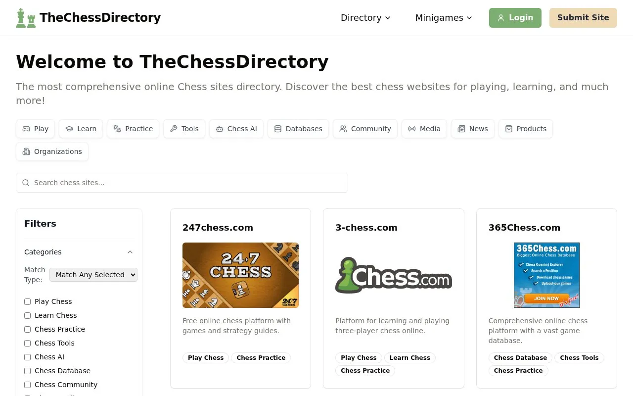 TheChessDirectory homepage screenshot