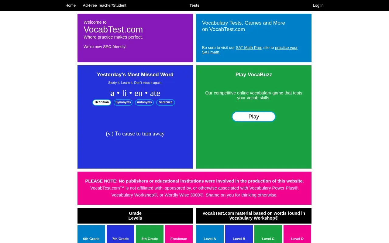 VocabTest homepage screenshot