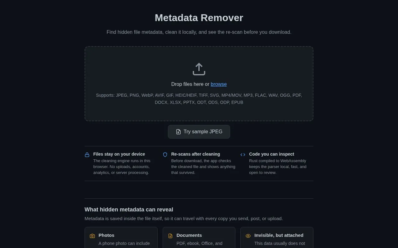 Metadata Remover homepage screenshot