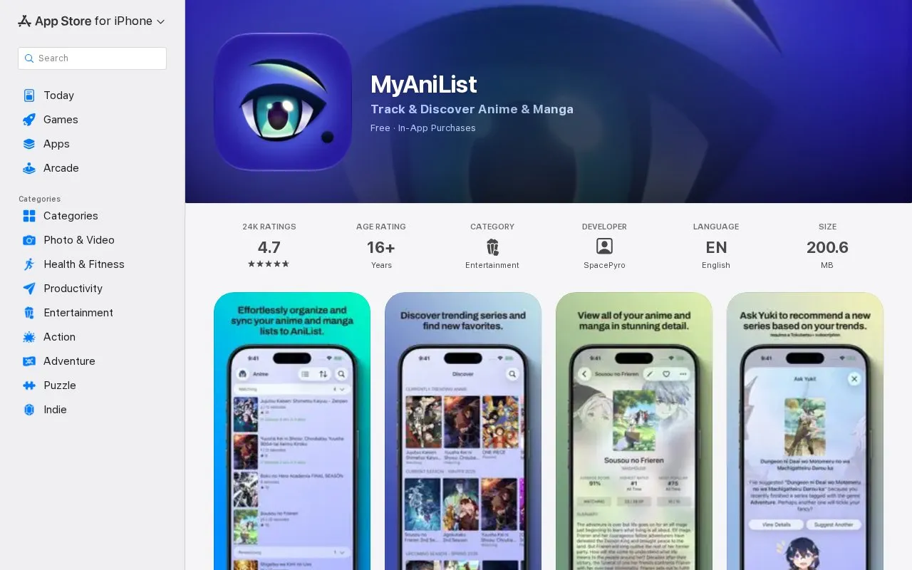 MyAnilist homepage screenshot