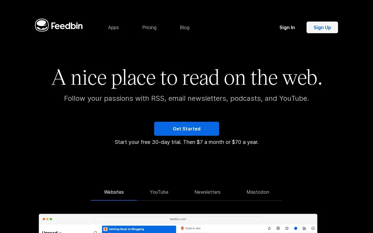 Feedbin homepage screenshot