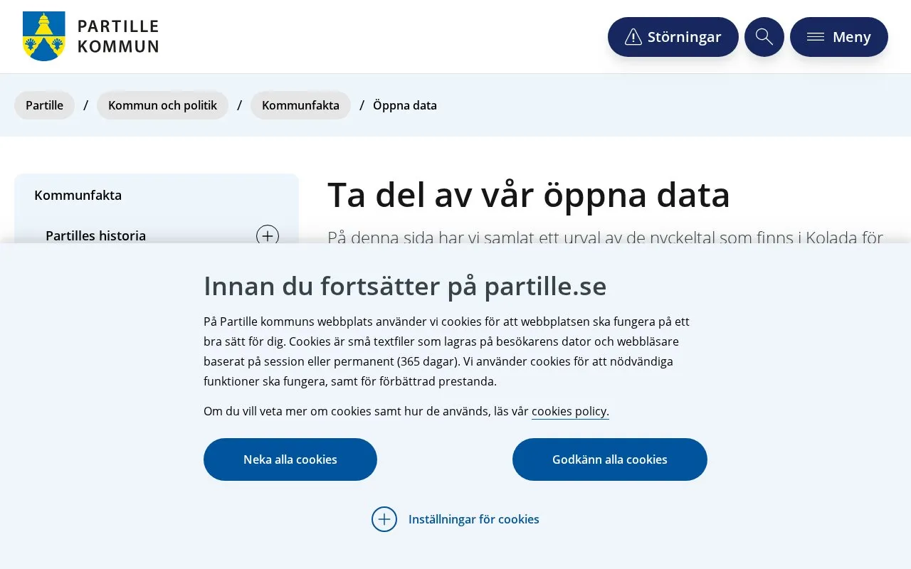 Partille Municipality Open Data homepage screenshot