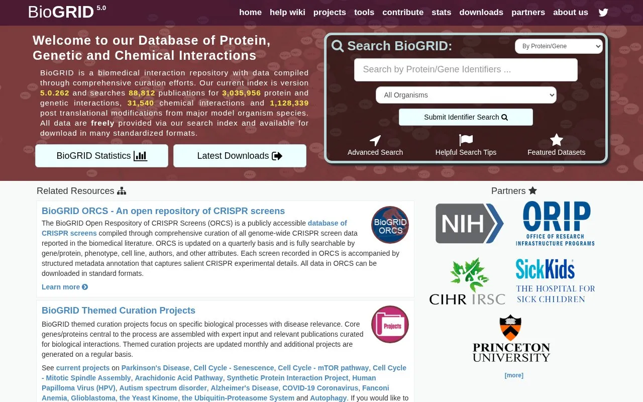 BioGRID homepage screenshot