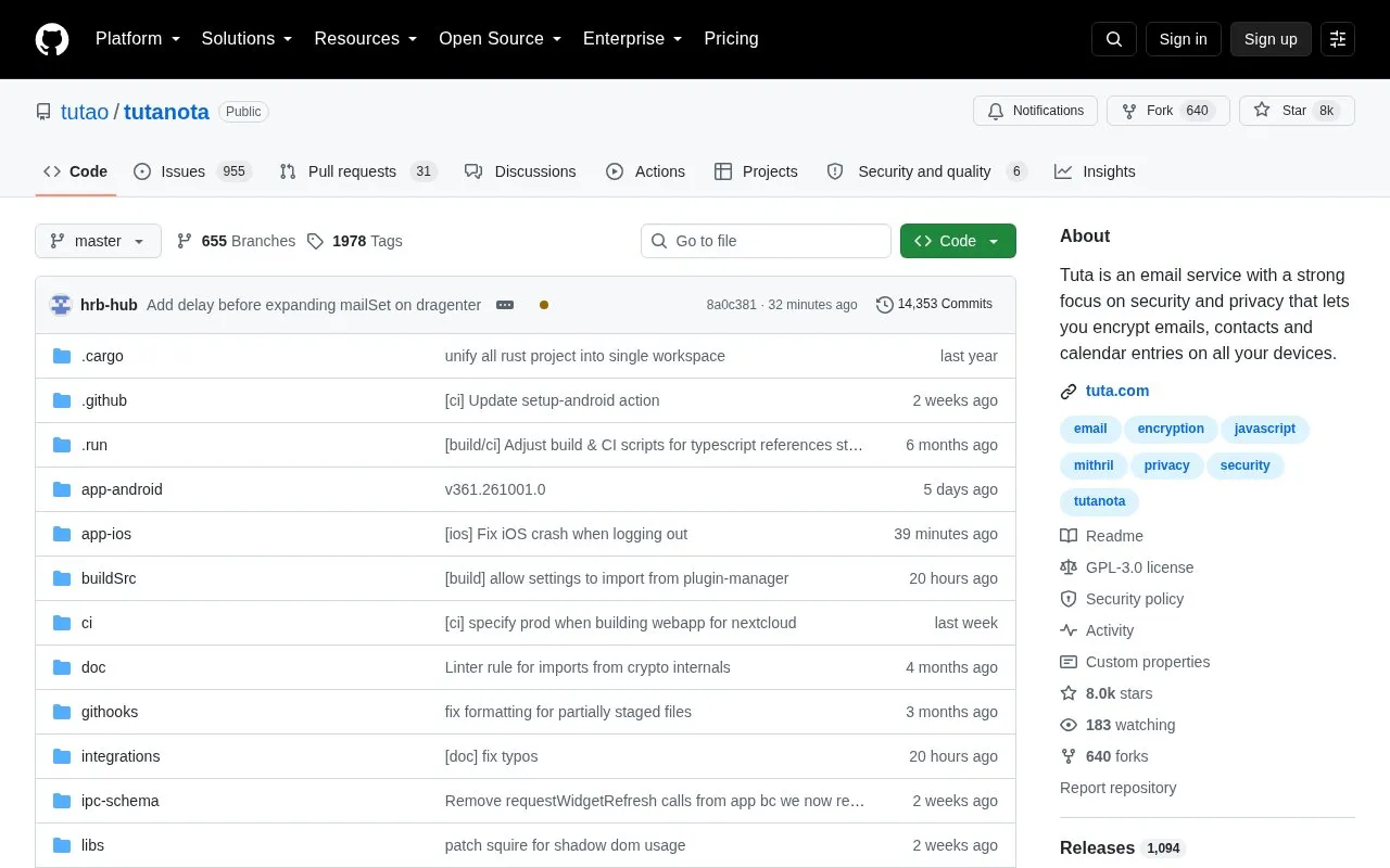 Tutanota homepage screenshot