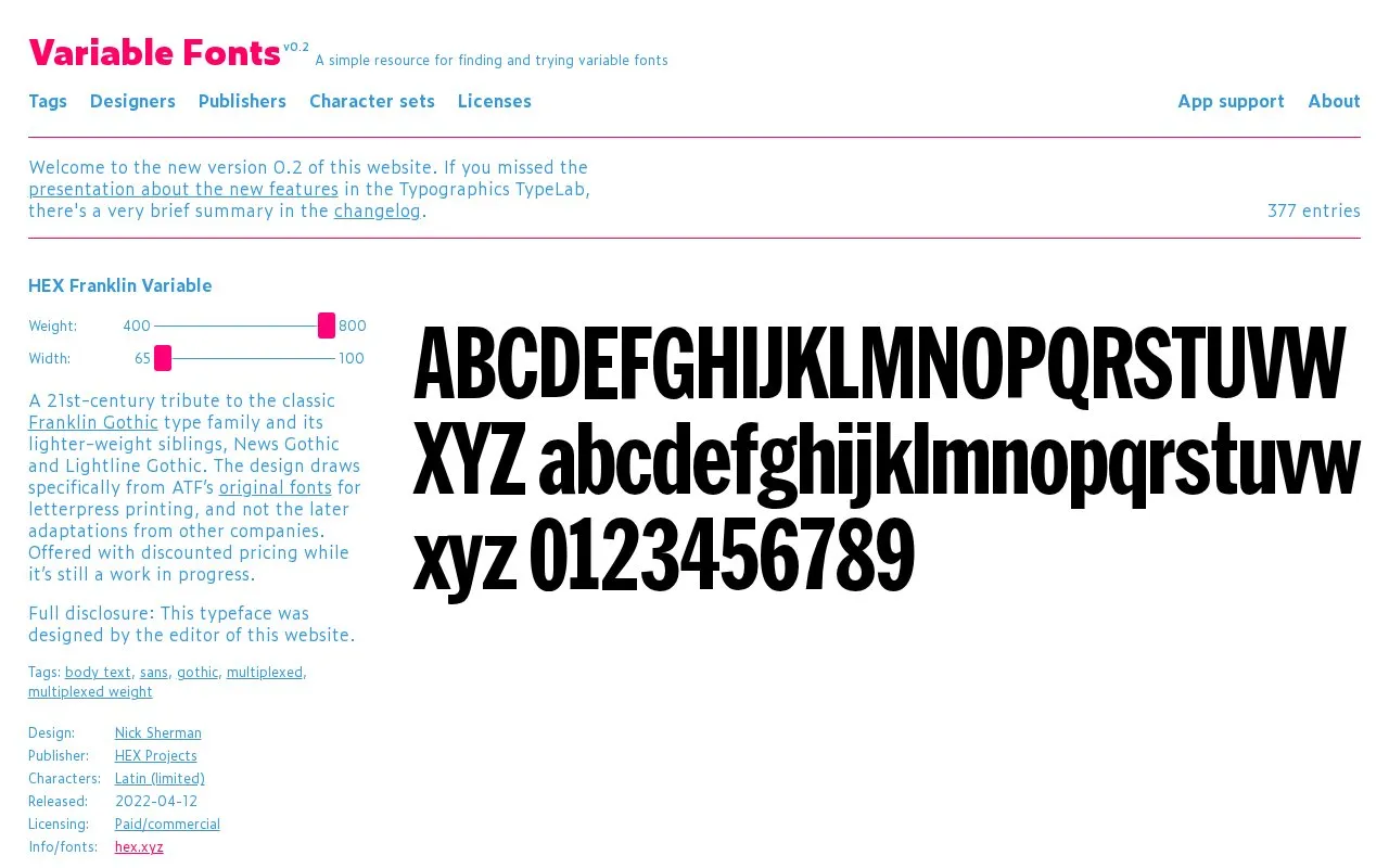V-Fonts homepage screenshot
