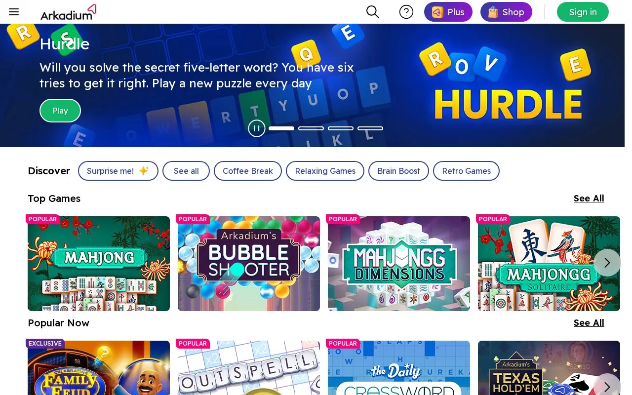 Arkadium homepage screenshot