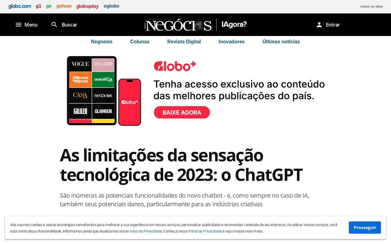 As limitações da sensação tecnológica de 2023: o ChatGPT IAgora? Época NEGÓCIOS homepage screenshot