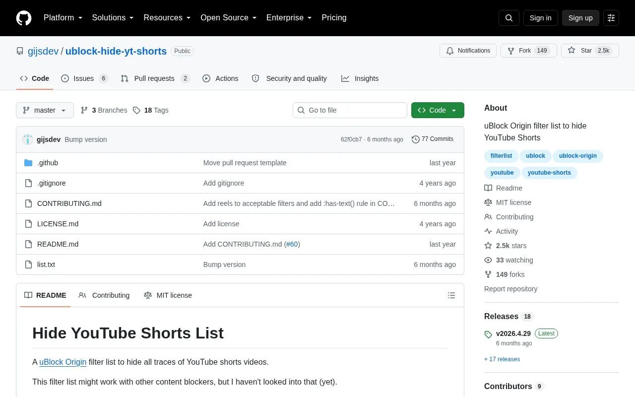 Hide YT Shorts Filter List homepage screenshot