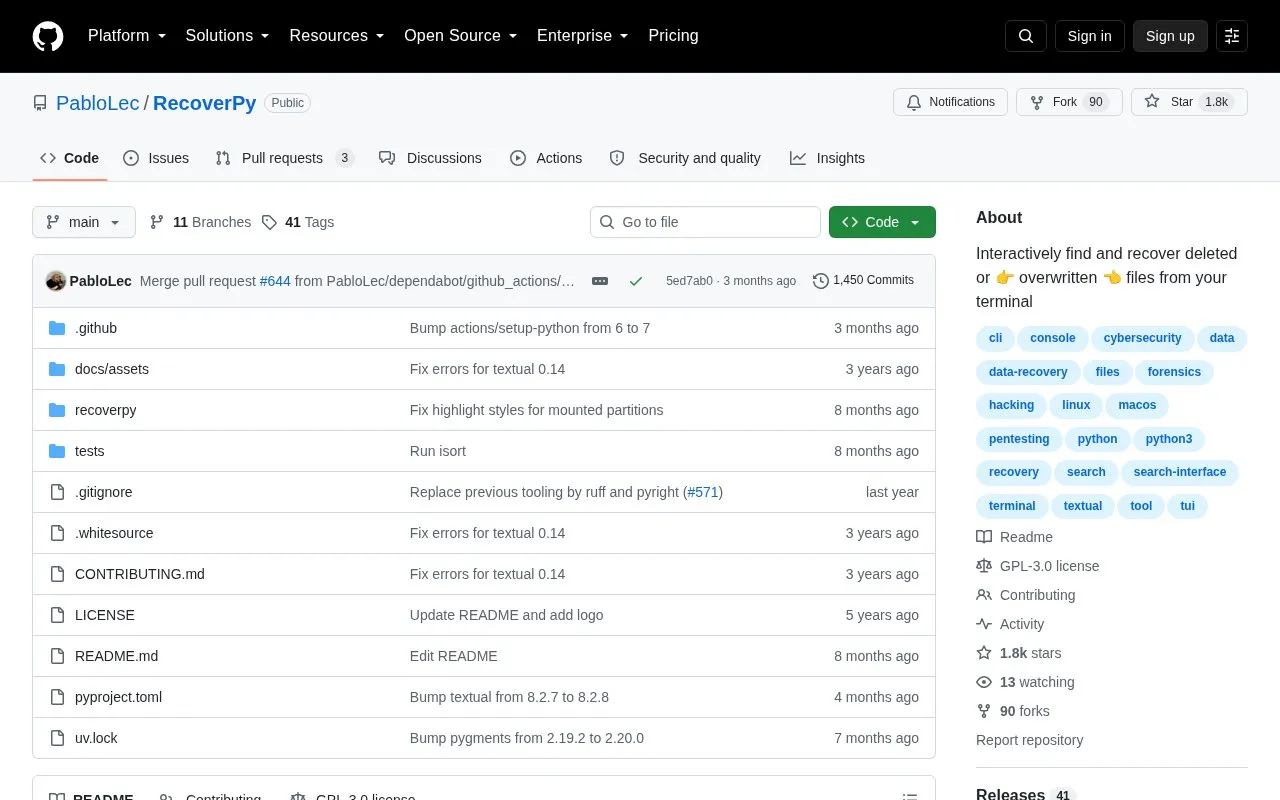 RecoverPy homepage screenshot