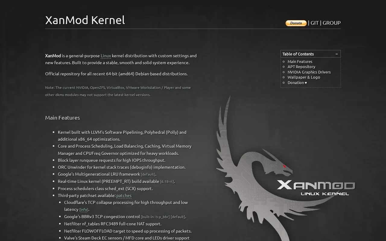 Xanmod homepage screenshot