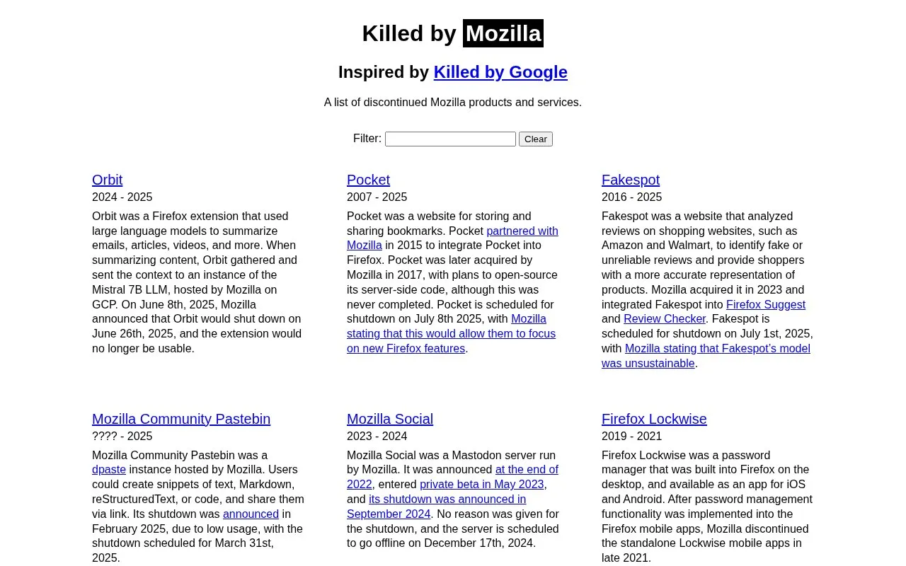 Killed by Mozilla homepage screenshot