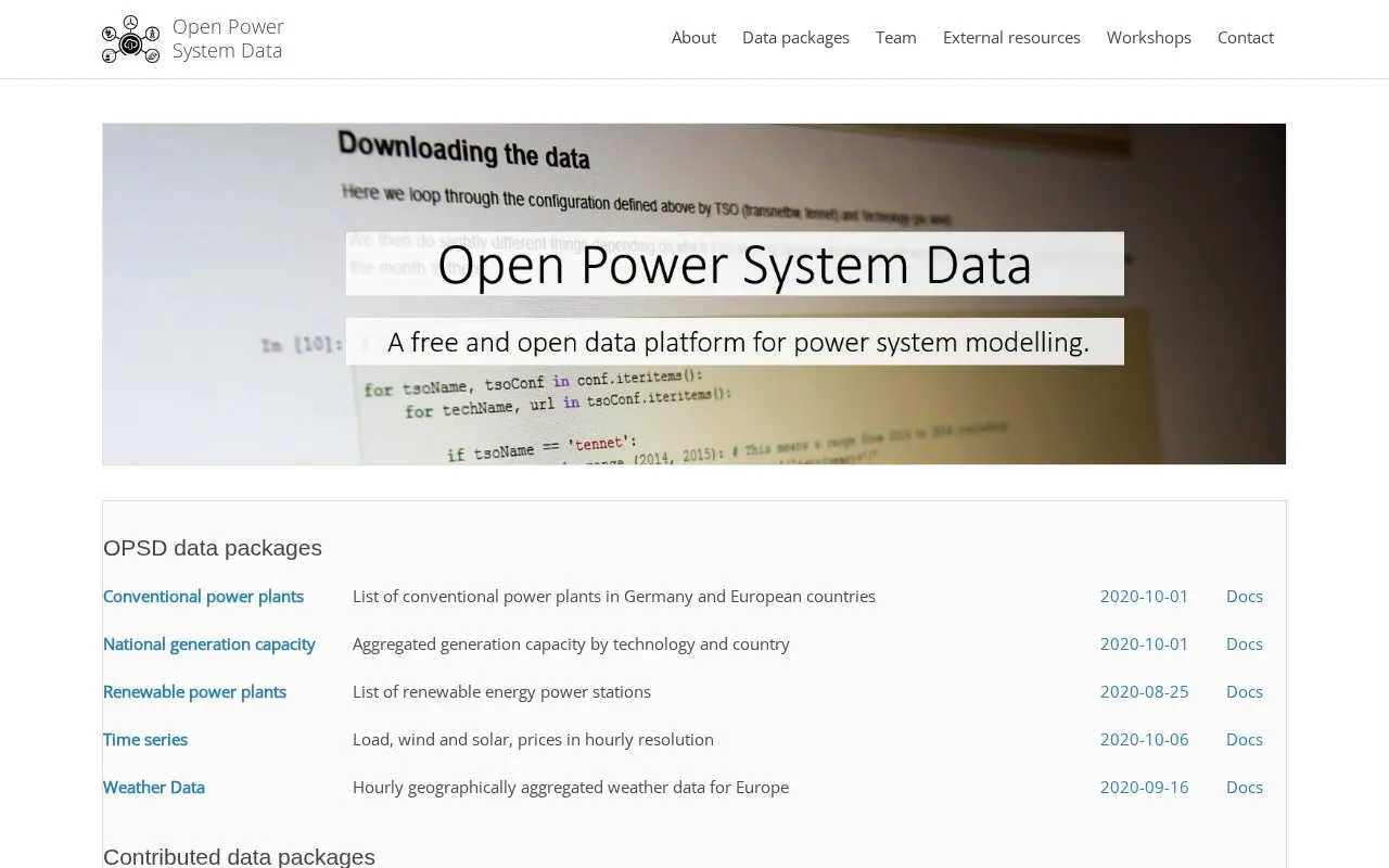 Open Power System Data homepage screenshot