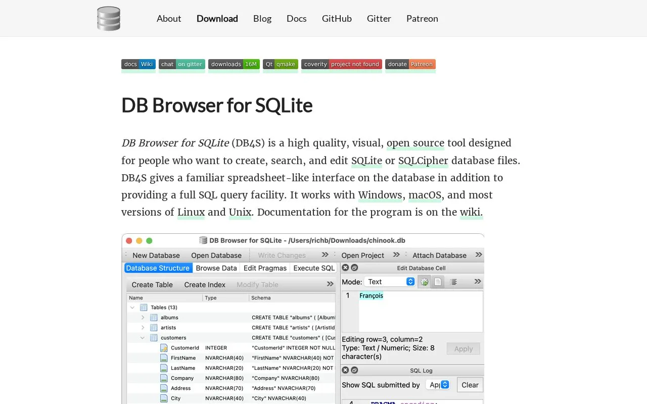 DB Browser homepage screenshot