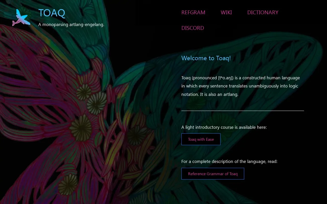 The Toaq Language homepage screenshot