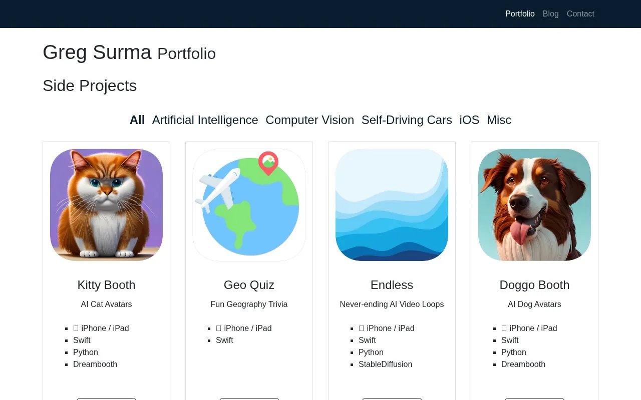 Greg Surma - Portfolio homepage screenshot