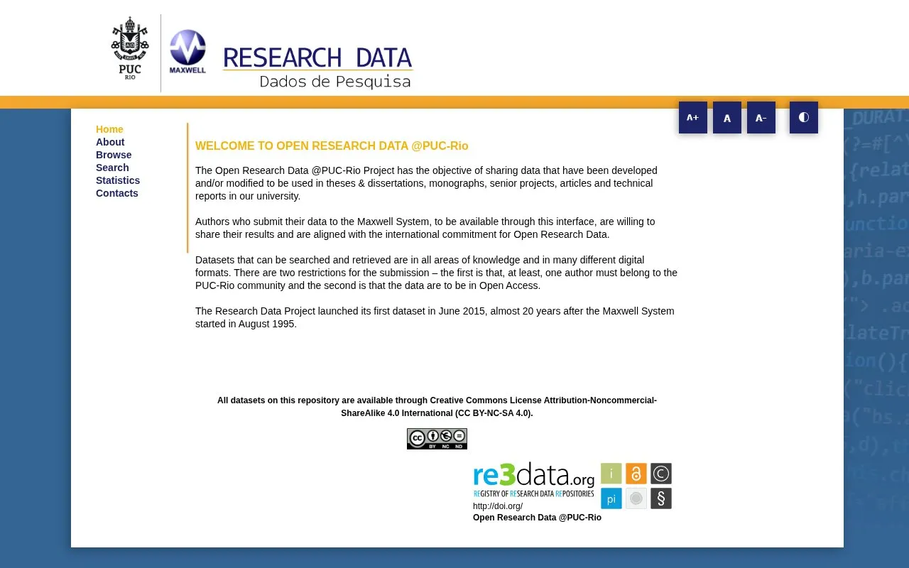 Open Research Data @PUC-Rio homepage screenshot