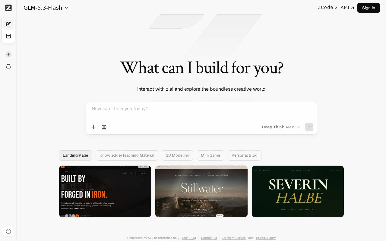 Z.ai homepage screenshot