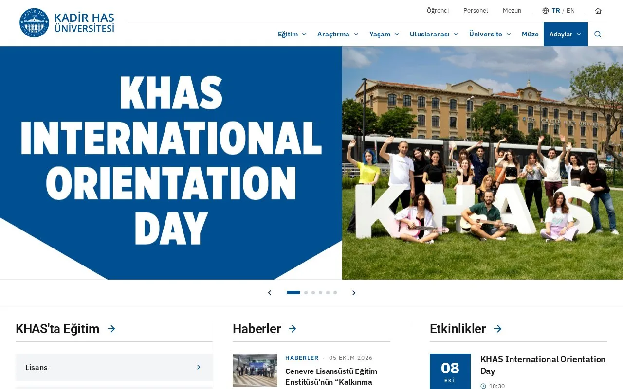 Kadir Has University homepage screenshot